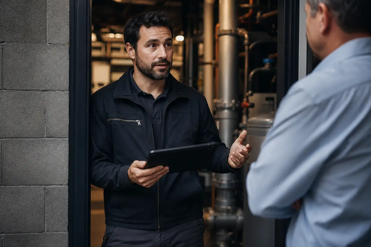 Plumbing operator reviewing a commercial job brief on a tablet