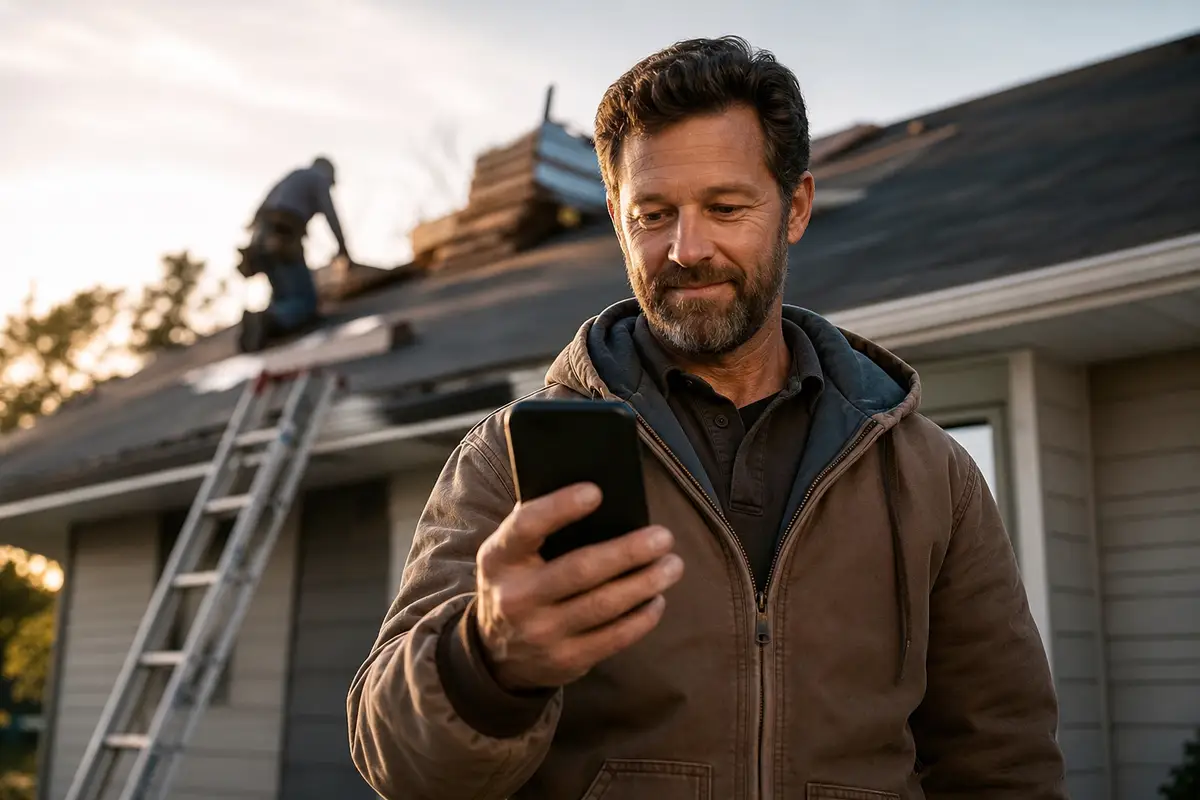 Roofing contractor confirming an estimate appointment on a job site