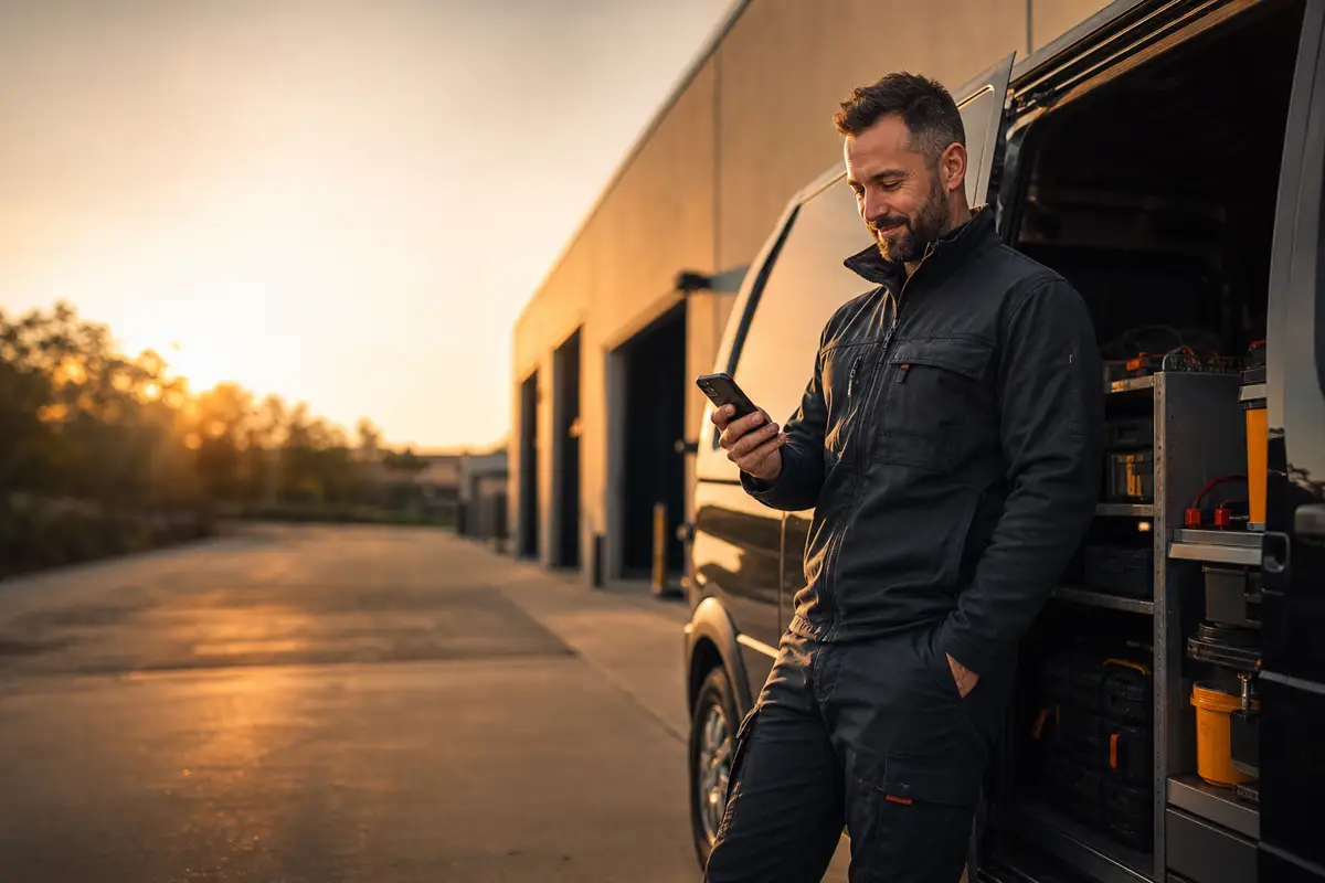 Field service owner closing the deal on a phone beside the service van