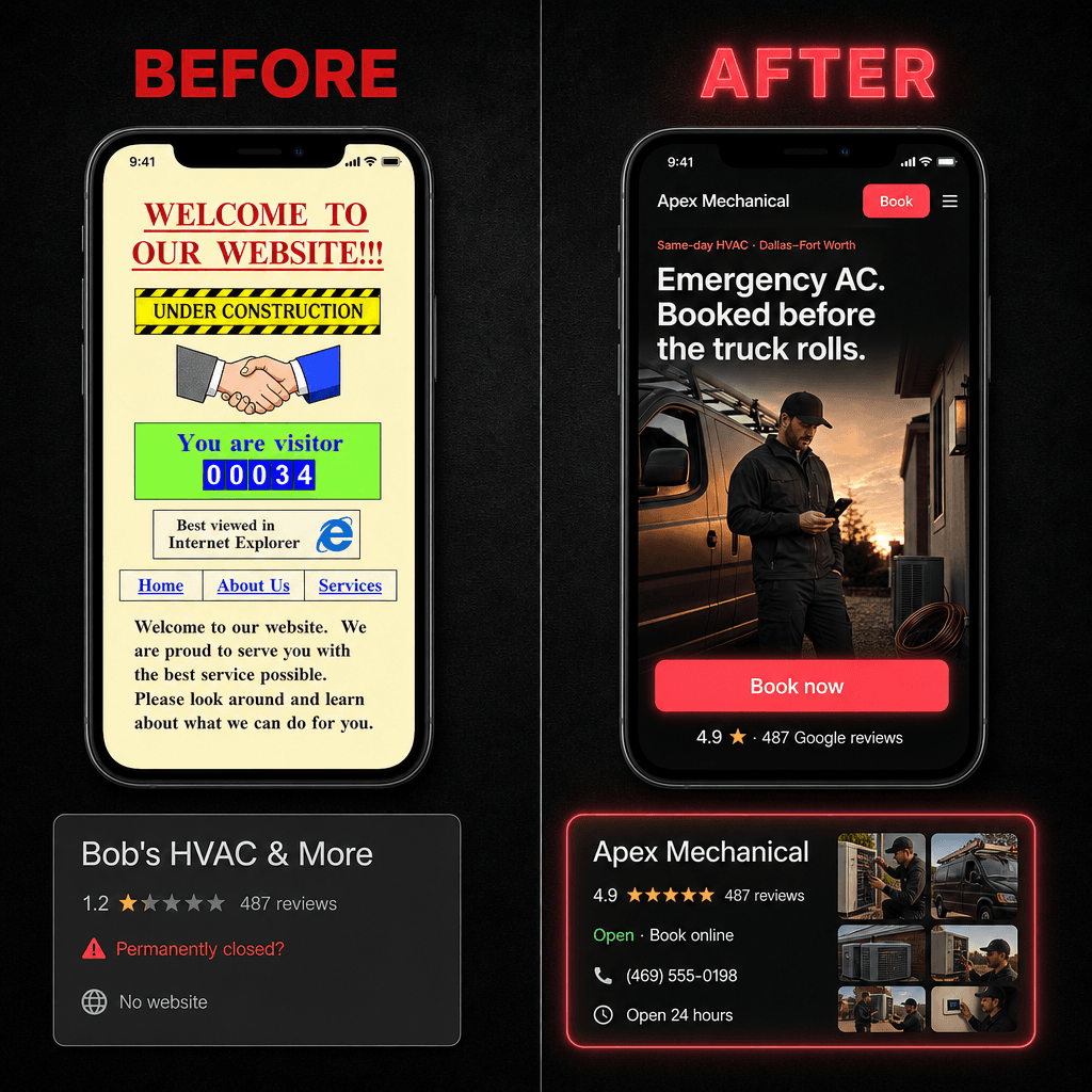 Before: a broken 1990s brochure site and a 1.2-star listing marked permanently closed. After: a booking site with a real truck photo, Book now, and a 4.9-star Google profile.
